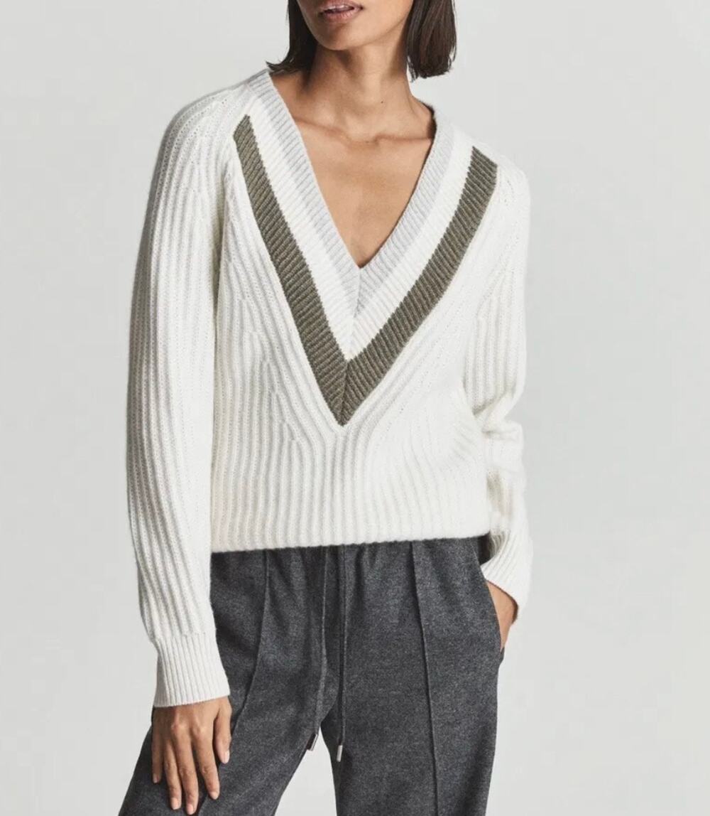 Reiss Miley Cream Wool Blend Cricket V-Neck Ribbed Pullover Preppy Sweater Small